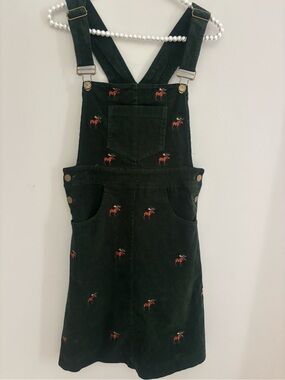 Kiel James Patrick Dark Green Corduroy Overall Dress with moose - xs